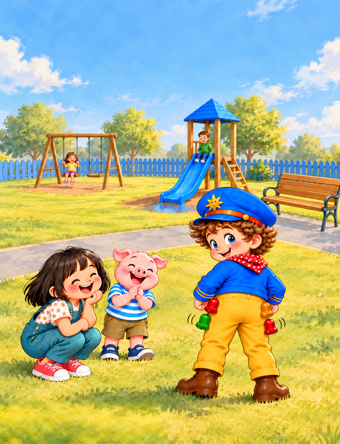 Captain turns towards a laughing girl and pig in the playground, with red, green and orange jellies wobbling on his trousers.