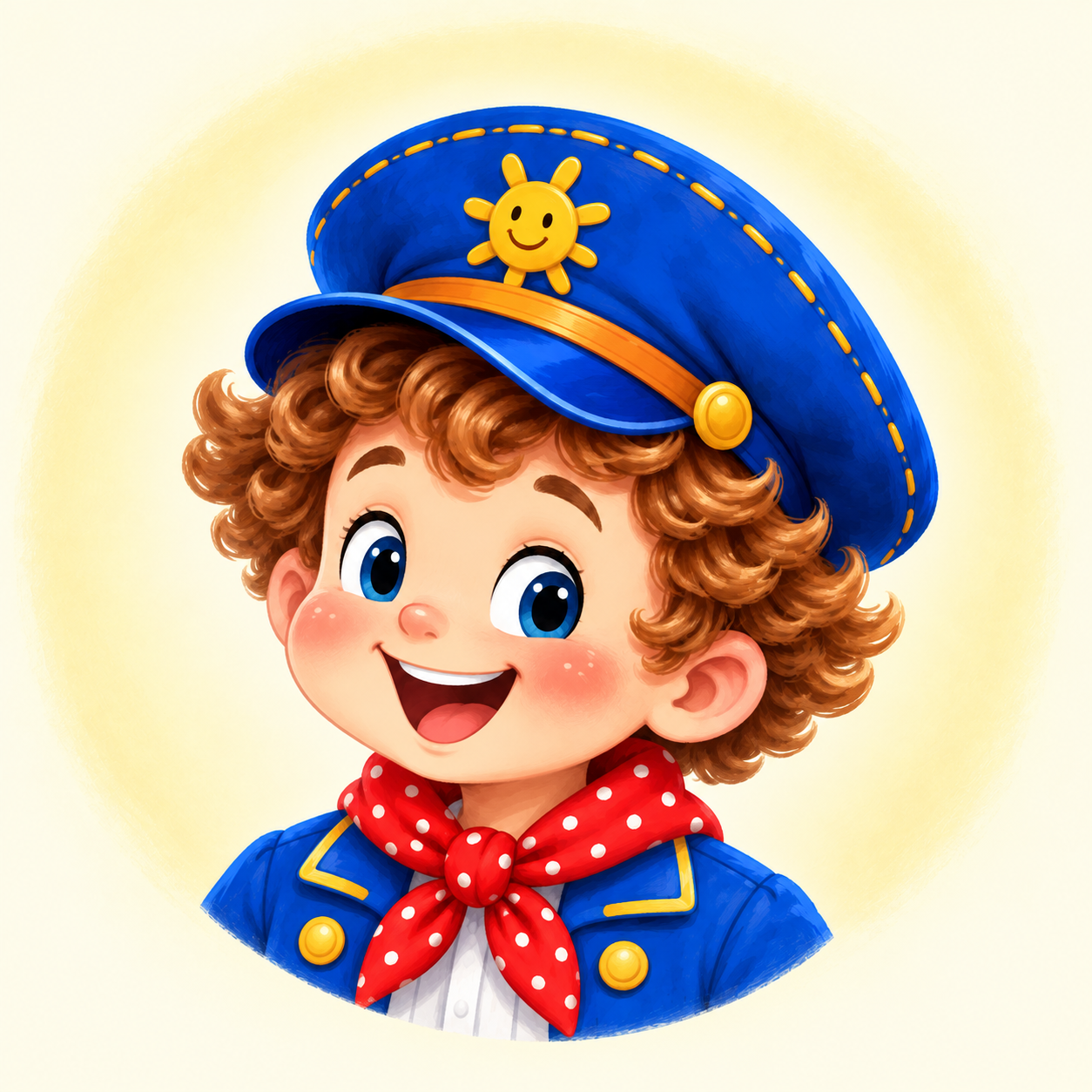Captain smiles beneath a bright blue cap, wearing his red spotted scarf.