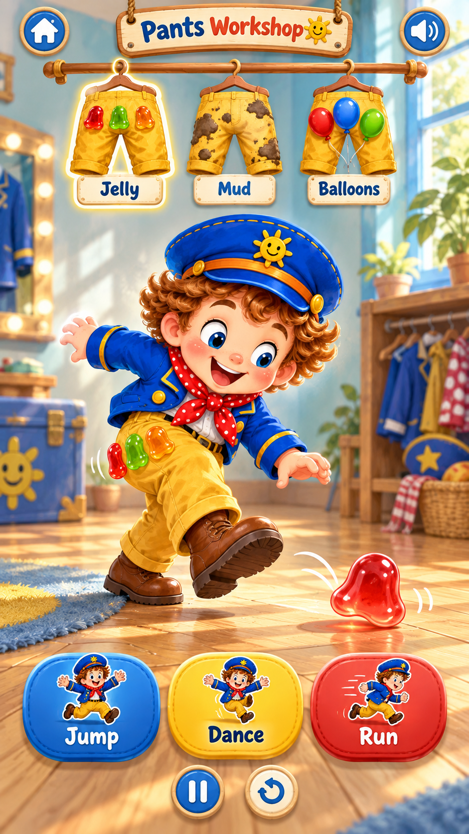 A sneak peek at the Pants Workshop game: Captain in an illustrated workshop, with jelly, mud and balloon pants on a rail and pictured Jump, Dance and Run buttons.